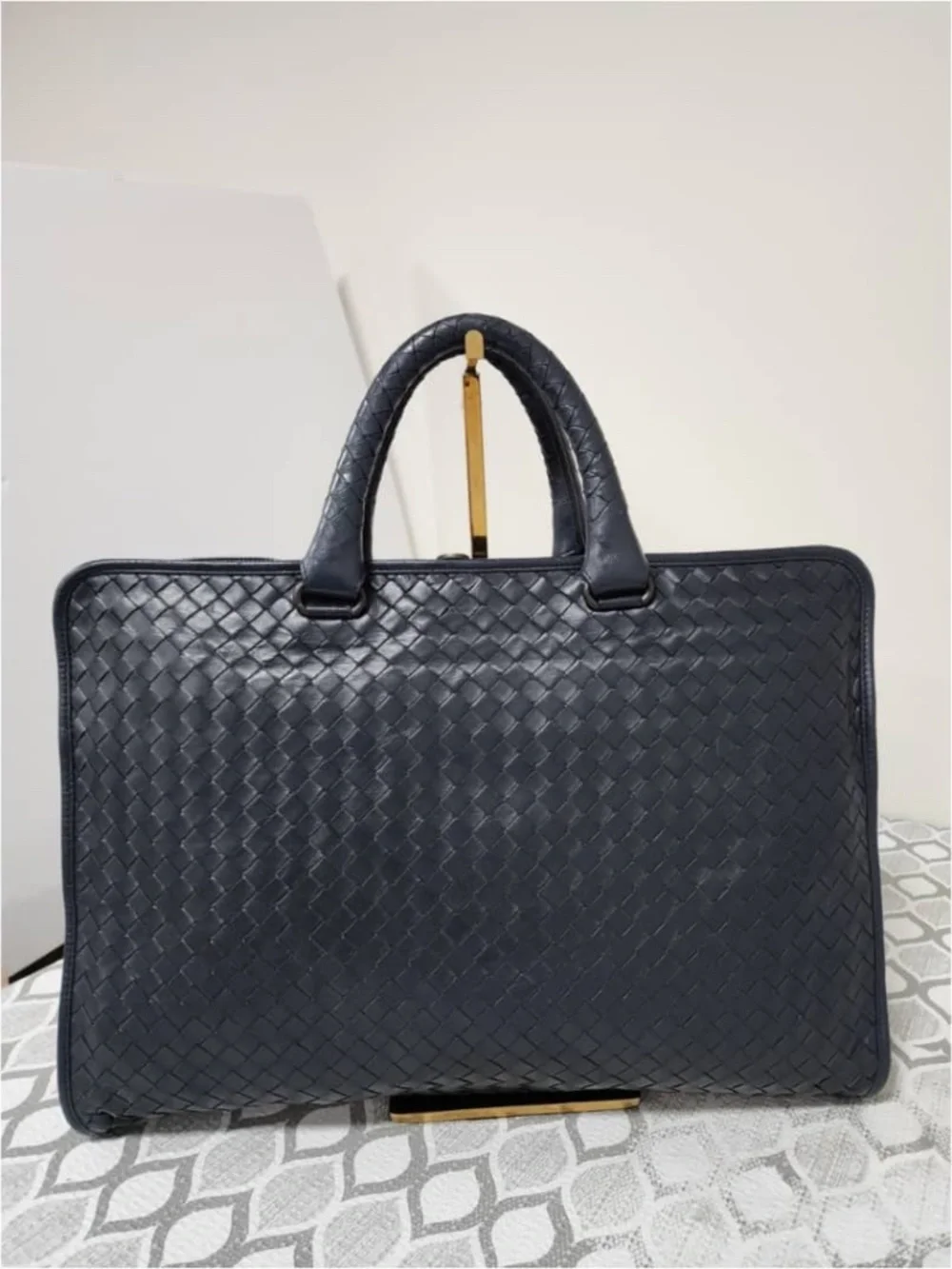 Authentic Bottega Veneta Intrecciato Top Zip Briefcase Navy Blue